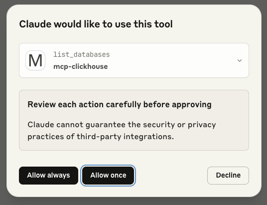 Предоставление разрешения на использование инструмента list_databases